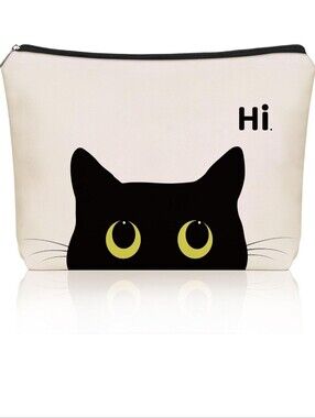 Cat Pouch Cosmetic Bag in Cream with Black Cat Design - Hi.